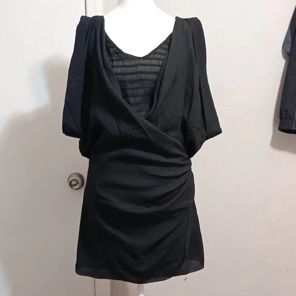 Leon Max 100% Silk Women Black Mini Dress‎ SzS Cowlneck Wrap Front
